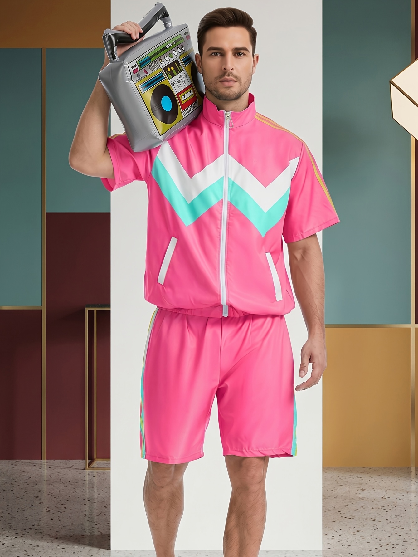 Men's 80s Workout Costume, Retro Color Block Sports Outfit
